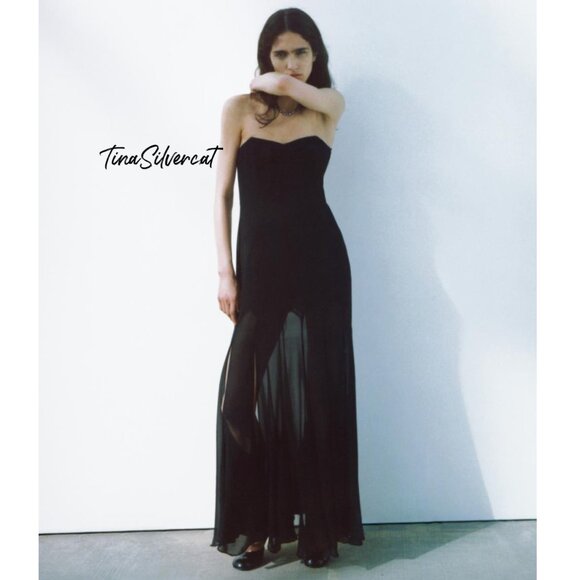 BLOGGER'S FAVE! Zara Semi Sheer Strapless Midi Dress Black NWT - Picture 10 of 14